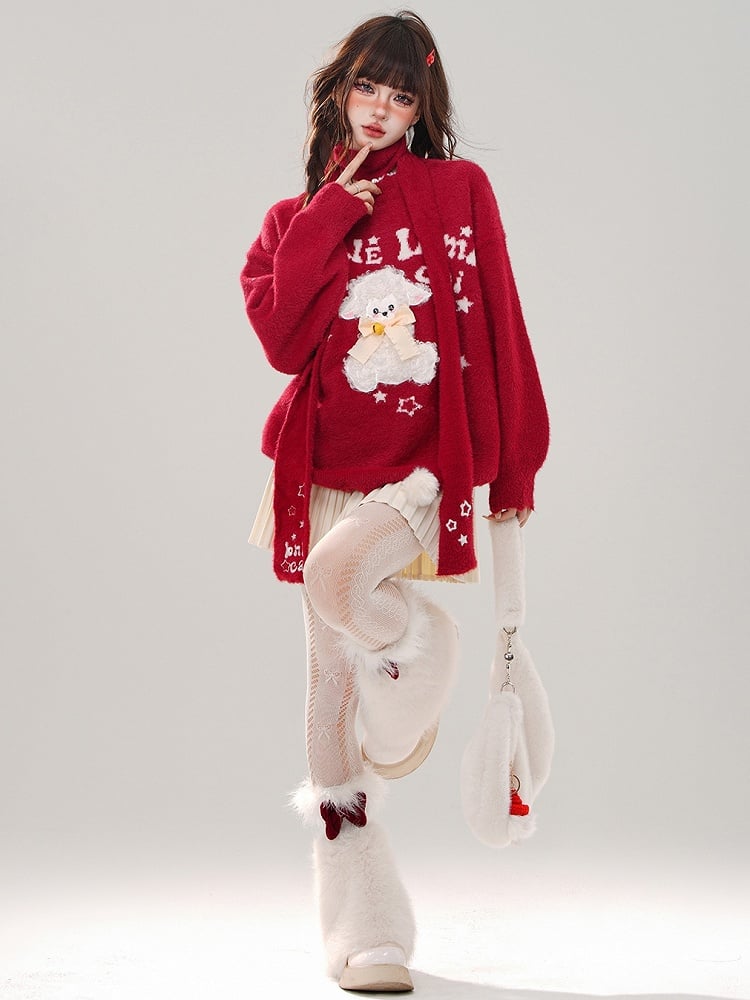 Rot/Schwarzer, süßer, lockerer Pullover mit Lamm-Applikationen und kostenlosem Schal