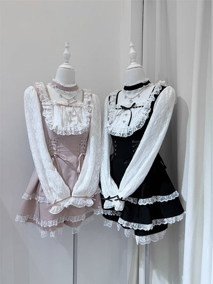 Long Chain Matching Pink + Trim Set Choker Design Ryousangata With Sleeve Dress Lace White Shorts Bead