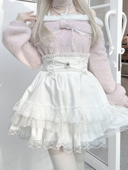 Bow Colors 3 Trim Kei Rhinestone with Decor Jirai Lace Skirt