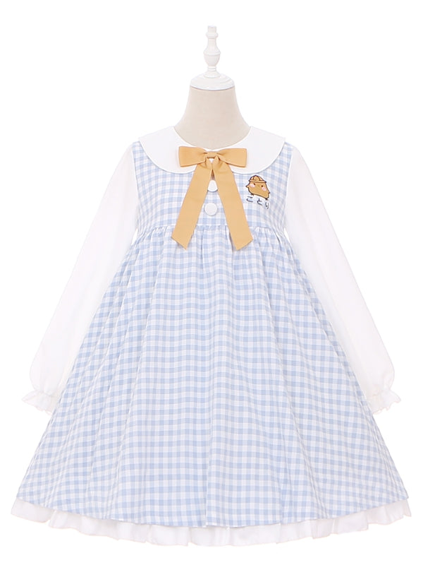 キュートなチキン柄ライトブルーチェック柄ピーターパンカラー長袖ワンピース