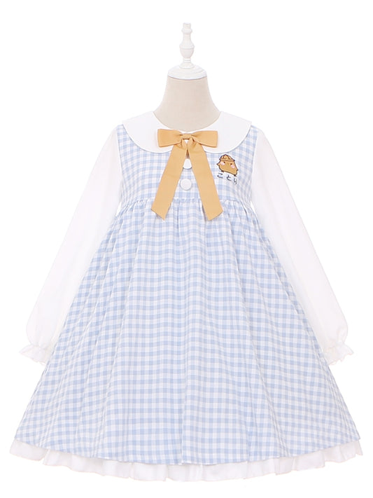 Süßes hellblaues kariertes Kleid mit Peter-Pan-Kragen und langen Ärmeln
