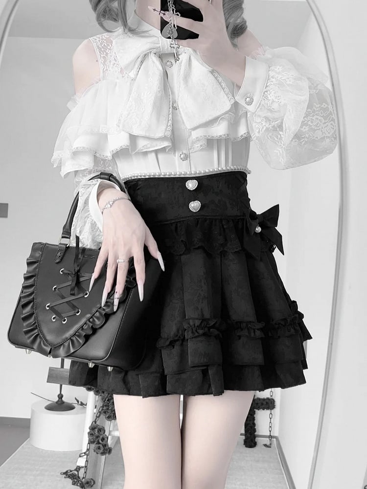 Jirai Tiered Skirtwith LaceBead Decorations|Elegant Jacquard Kei Style Black