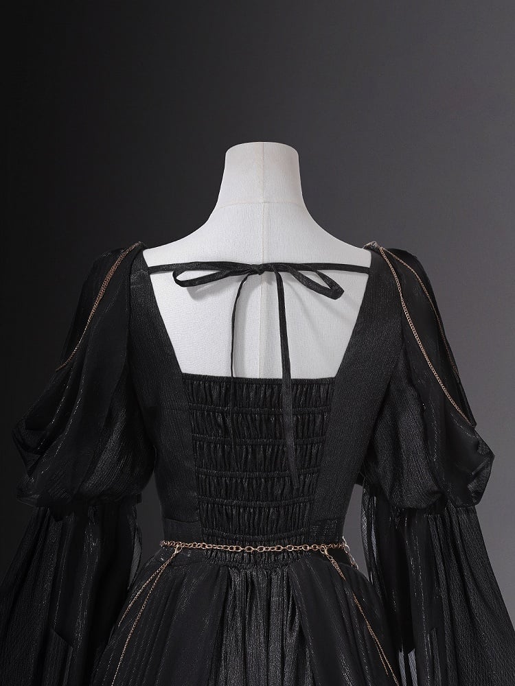 Embroidery Flowing and Sleeves Dress Black Golden Lolita Greek-inspired Chain Accents with