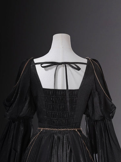 Embroidery Flowing and Sleeves Dress Black Golden Lolita Greek-inspired Chain Accents with