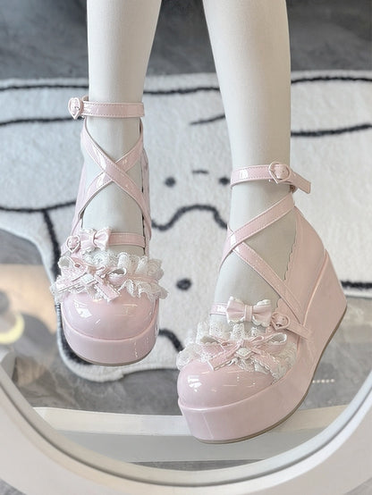 Lolita with Round Heart Buckle Leather Style Toe Pink PU Platform Shoes -