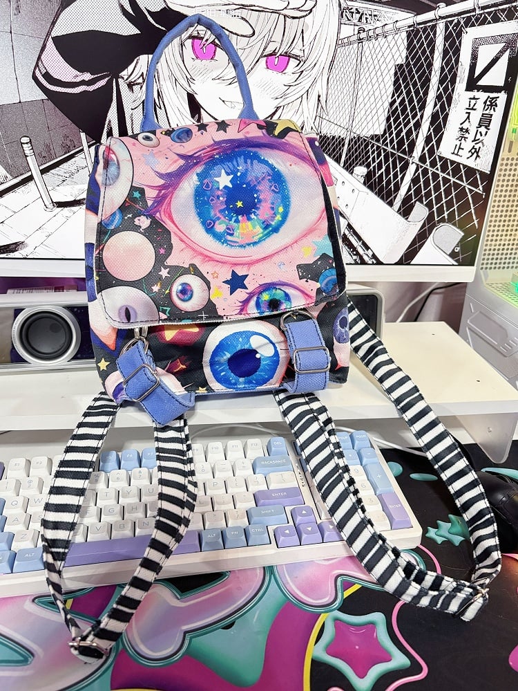 Fold-Over Flap Design Guro Colorful Backpack Eyes Print Kawaii