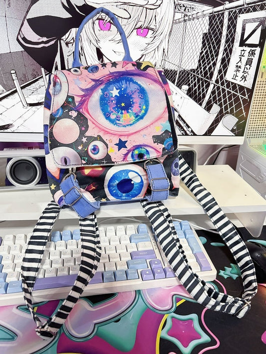Fold-Over Flap Design Guro Colorful Backpack Eyes Print Kawaii