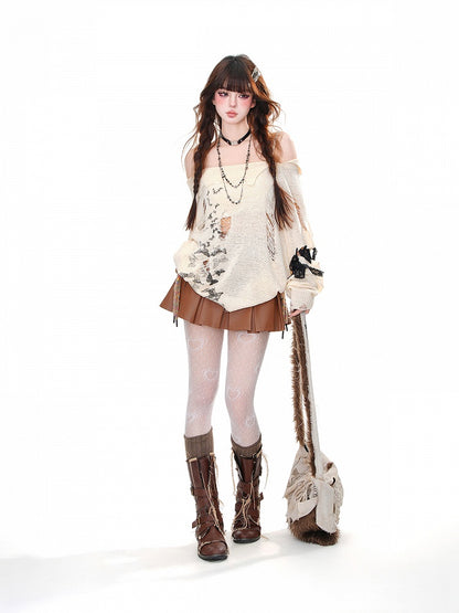 ダメージ加工の穴あきバタフライニットトップス、ネックライン アプリコット オフショルダー