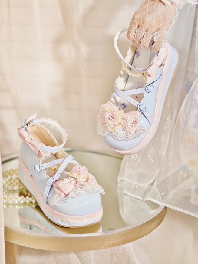 Blue Design With Lace Beaded Top Heart Platforms Detachable Buckle Chain at Trim Floral Bow