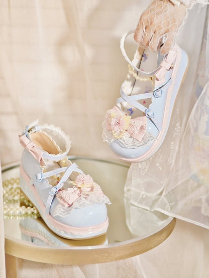 Blue Design With Lace Beaded Top Heart Platforms Detachable Buckle Chain at Trim Floral Bow