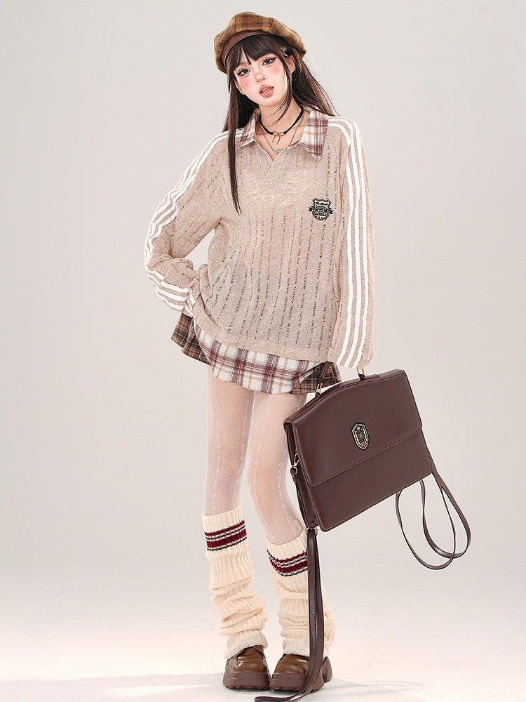 Coffee/White Polo Collar Hollowed-out Semi-sheer Loose Knit Top