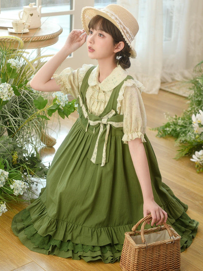 Sweet Hem Overall Dress Bowknot Ruffle with Detachable Green