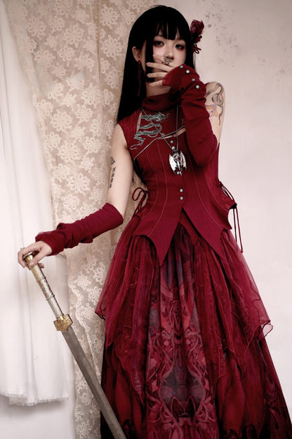 Red Gothic Dragon Embroidery Sleeveless Top Cutout Detail