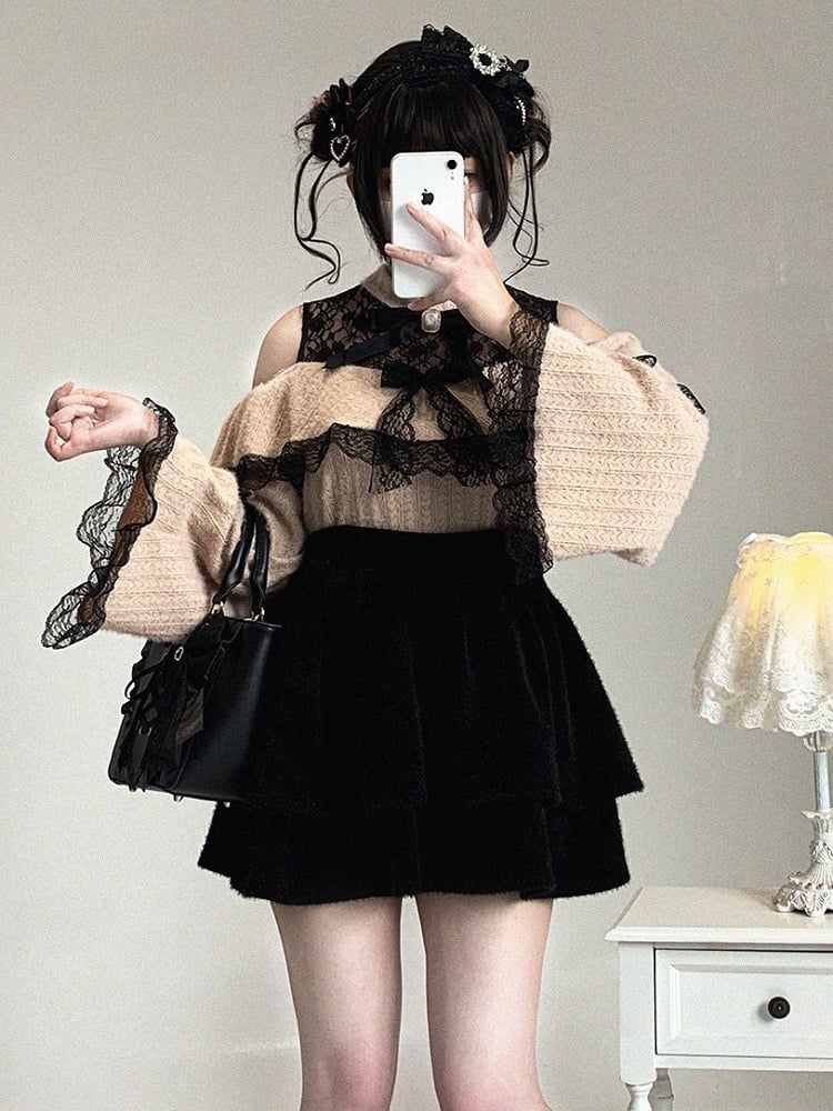 Bow Lace Shoulder Jirai Colors 3 Cutout Top Decor Kei