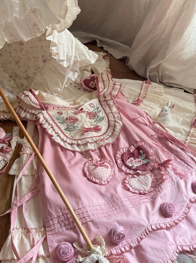 Rose Rosette Embroidered Sweet Lolita Bunny Ear Hooded Overdress with Heart Patches - Bodhi Original Design