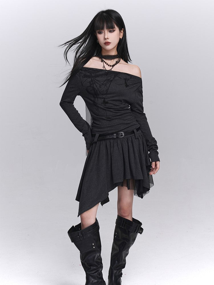 Off-Shoulder Dark Gray Dress Strap Graffiti Hem with Neck Gothic Handkerchief