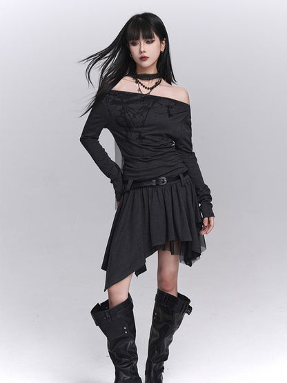 Off-Shoulder Dark Gray Dress Strap Graffiti Hem with Neck Gothic Handkerchief