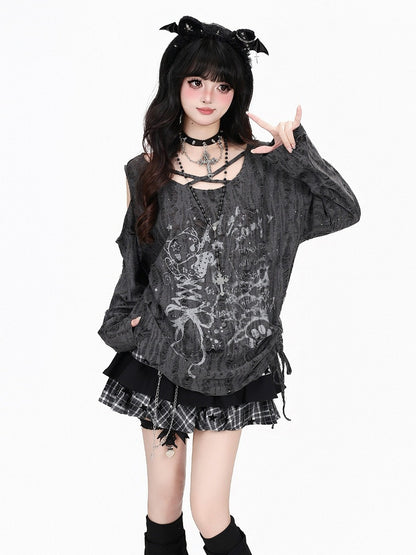 Gray Y2K Distressed Cutout Long Sleeve Top with Print and Drawstring - CRAZY GIRL
