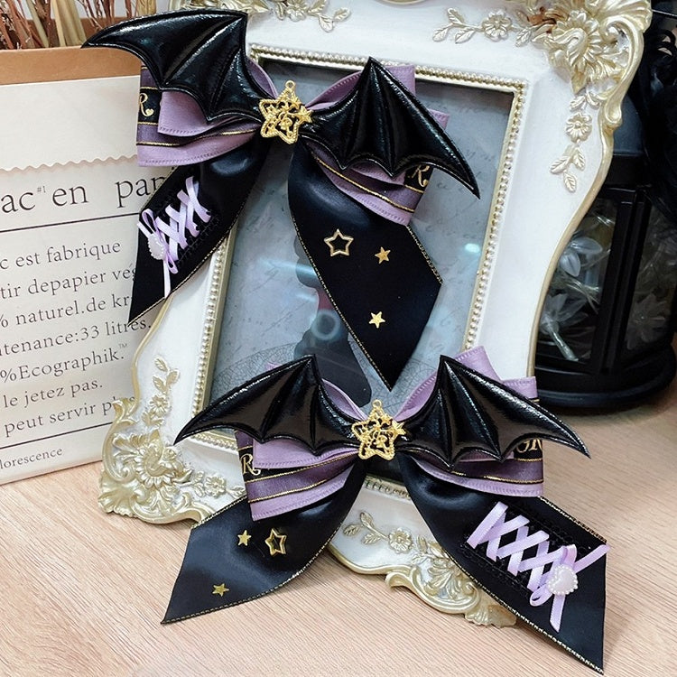 Lace-up Wings Design Hairclips Halloween Devil Bowknot BlackPurple