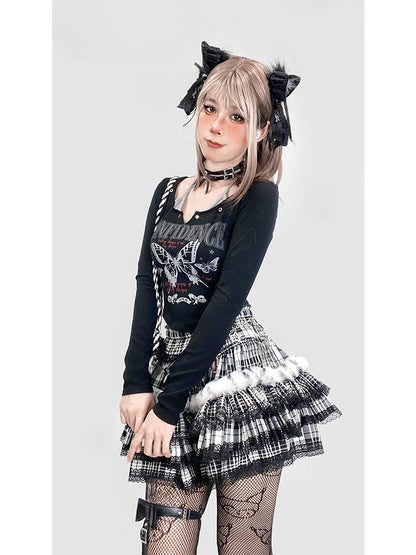 ブラックチェック柄レーストリムティアードスカート