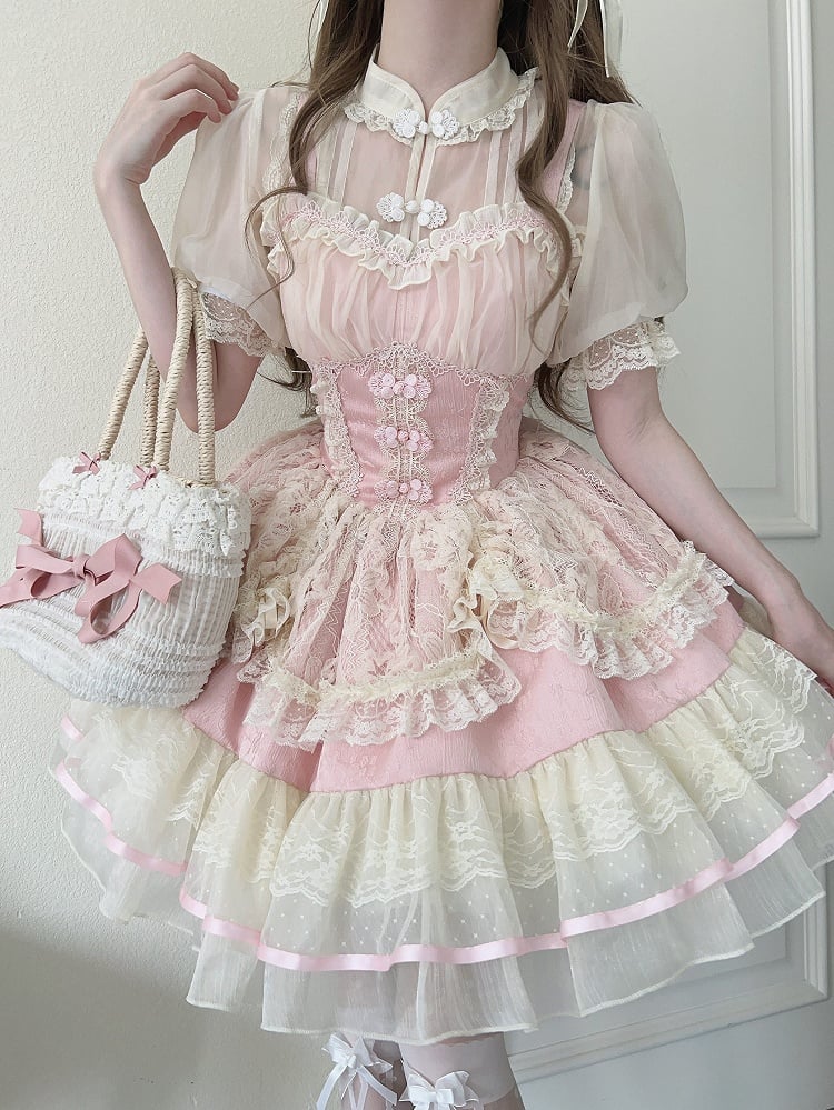 Lolita Sweet Button Chinoiserie Trim Ballet-Inspired Frog JSK Pink Dress Lace