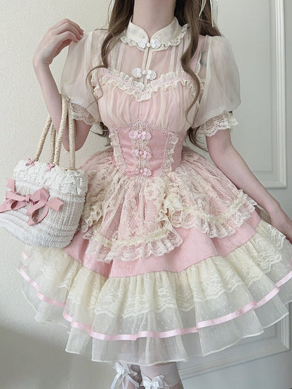 Lolita Sweet Button Chinoiserie Trim Ballet-Inspired Frog JSK Pink Dress Lace
