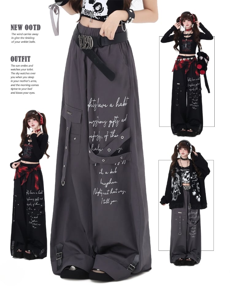 パンクレタープリントグレーアシンメトリーストレートレッグカットカーゴパンツ