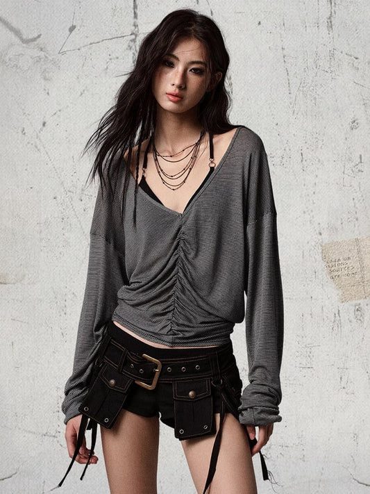 Gray Top Vintage Long Sleeve Ruched Stripped Design - V-neck