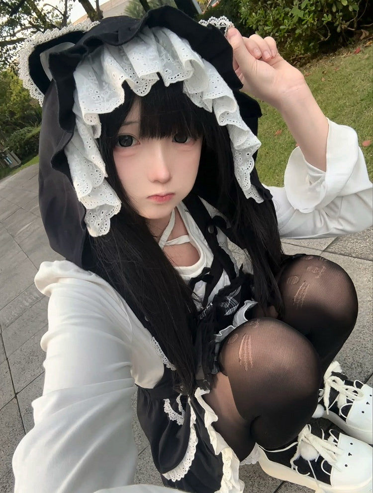 with Tiered Hat Cute Dress Ear Apron Detail Cat Alternative Suspender Black Detachable