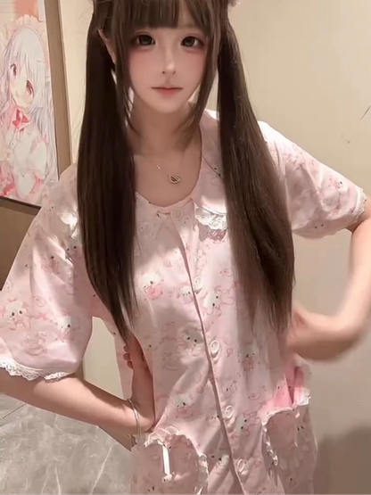 Pajamas Print + Bunny Peter Pan Collar Allover Pink Blouse Kei Jirai Heart Pockets Set Shorts