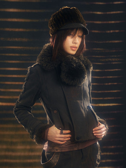 Jacket Details Collar Washed Fur Detachable Faux Black with Punk Embroidered