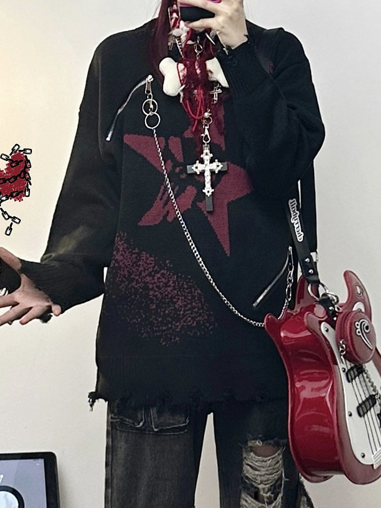 and Black/Gray Distressed Knit Sweater with Zipper Chain Detail