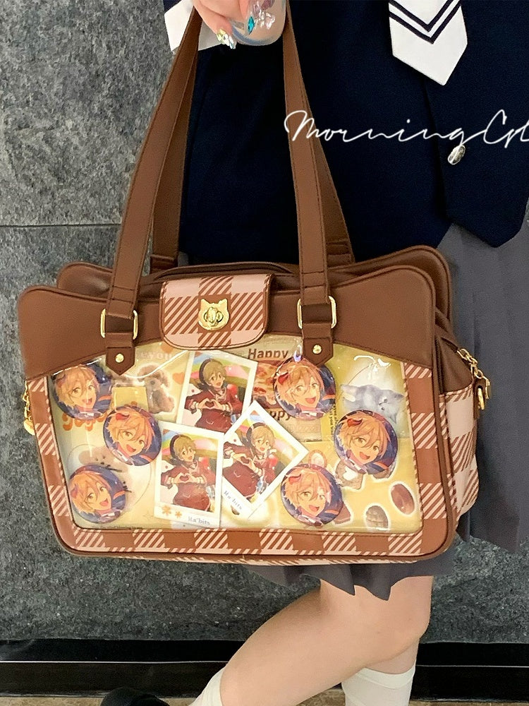 Plaid Large Tote Brown Ita Capacity Pattern Bag