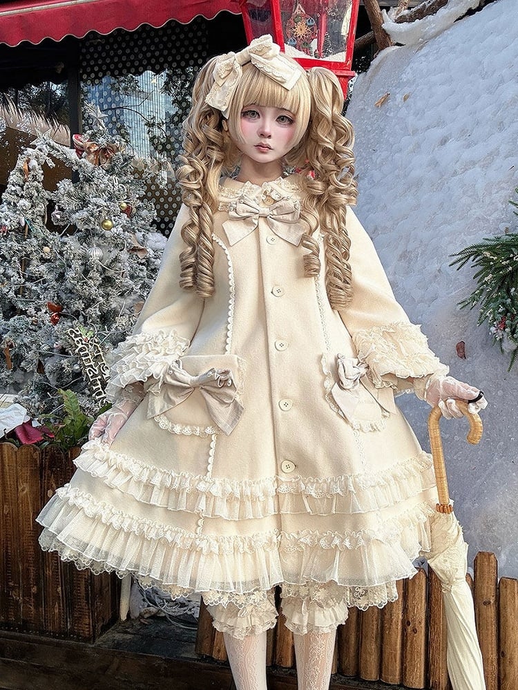 Ruffled Accents Lace Bow Details Sweet and Winter Lolita Coat Beige with