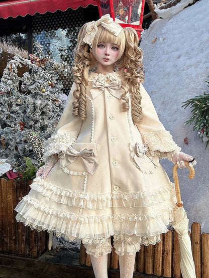 Ruffled Accents Lace Bow Details Sweet and Winter Lolita Coat Beige with