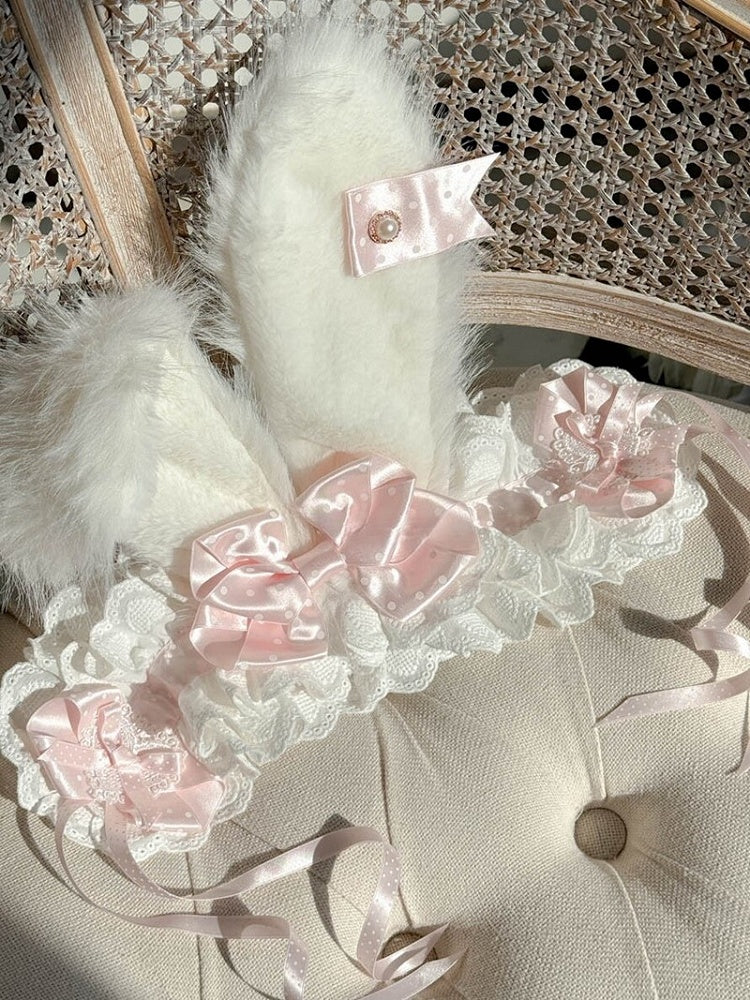 Dot Hairband Bunny Lace Bows Ear and Lolita with Pink Plush Polka Red/Pink/Light Trimmings