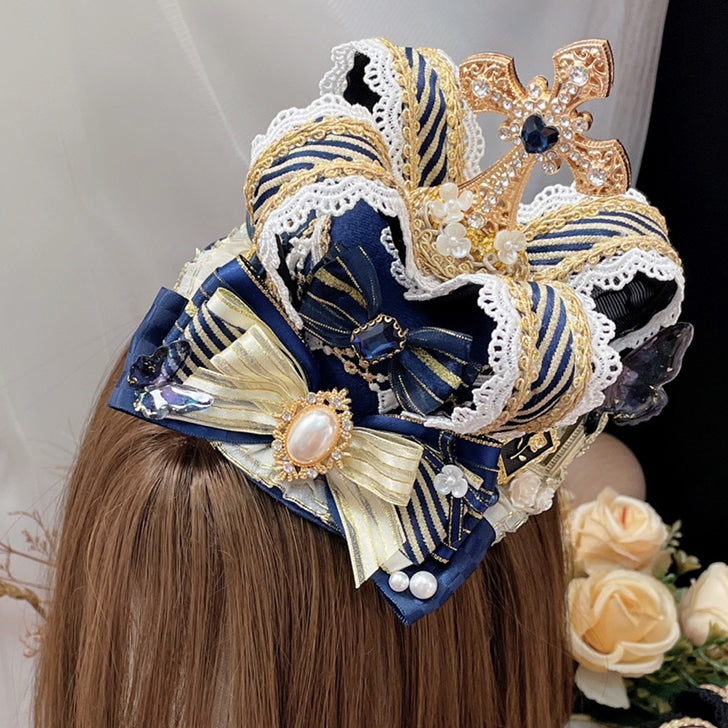 Red/Blue/Brown Mini Crown Rhinestone Bowknot Cross Details Decorated Hat