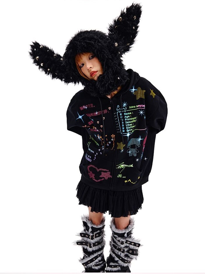 ブラック/ホワイトのスタッズ付きバニーイヤーハット