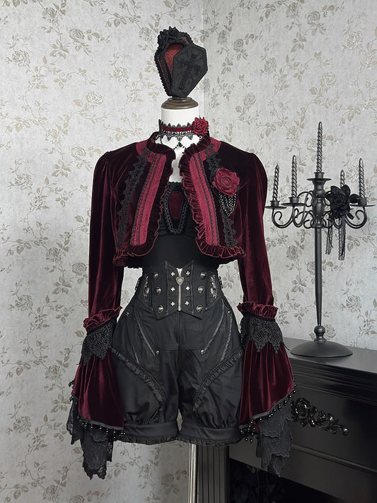 Burgundy Placket Top Velvet Gothic Lolita Cropped Ouji Ruffled