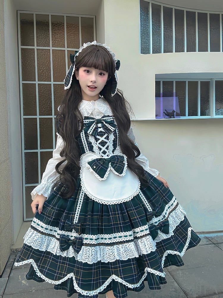 und Kleid karierte Puffärmel mit Akzenten Lolita-Schleife gewellter Rand süßes Grün