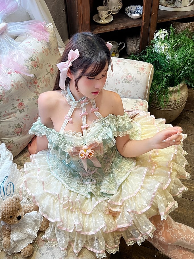 Stufenrock Neckholder Kei Fee Rüschen Hals Korsett Spitze Prinzessin Kleid Taille Mintgrün