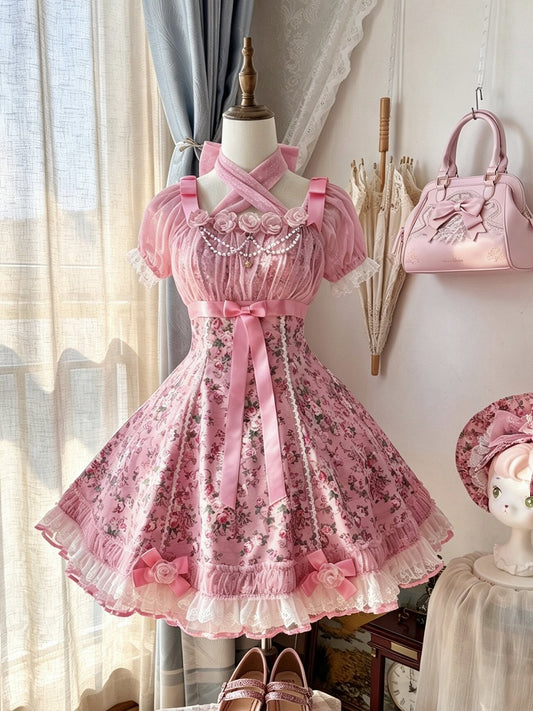 Pink Old School Lolita Floral Print OP Dress with Halter Straps - Asuka