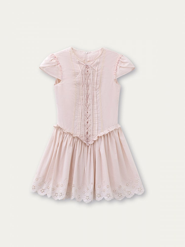 Detail Lace-up with Design Flower Cutout Tie Princess Front Pink Dress