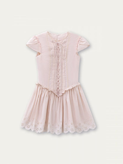 Detail Lace-up with Design Flower Cutout Tie Princess Front Pink Dress