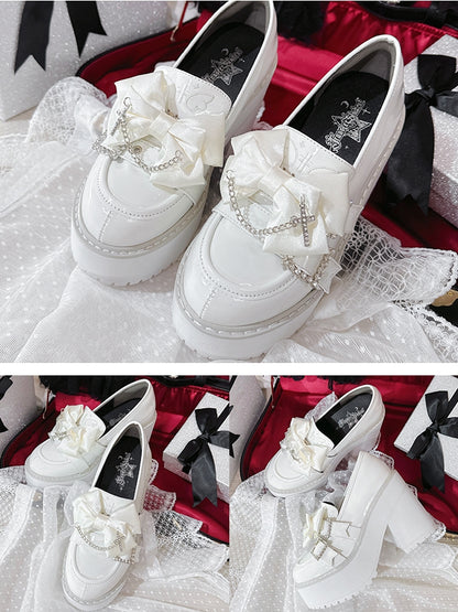 クロスラインストーンケイホワイトチェーンバックルローファー装飾プラットフォームボウポリッシュジライ