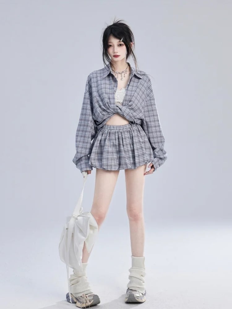 Lockeres blau-weiß kariertes Vintage-Shirt/Ballerrock