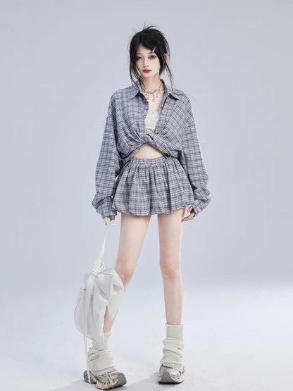 Lockeres blau-weiß kariertes Vintage-Shirt/Ballerrock