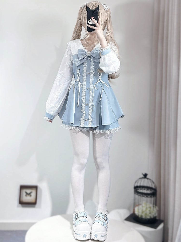Lace Lace-up Sleeves Trim Light Decorated Details + Long Blue Shorts Kei Top Bowknot Outfit-Beaded Jirai