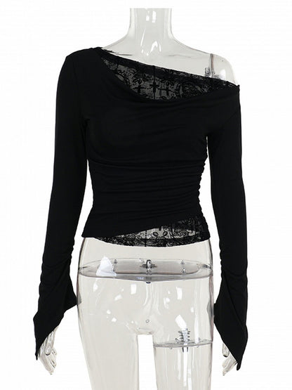 Black Halloween Embroidery Asymmetrical Cross Top Neck Long with Sleeve Gothic