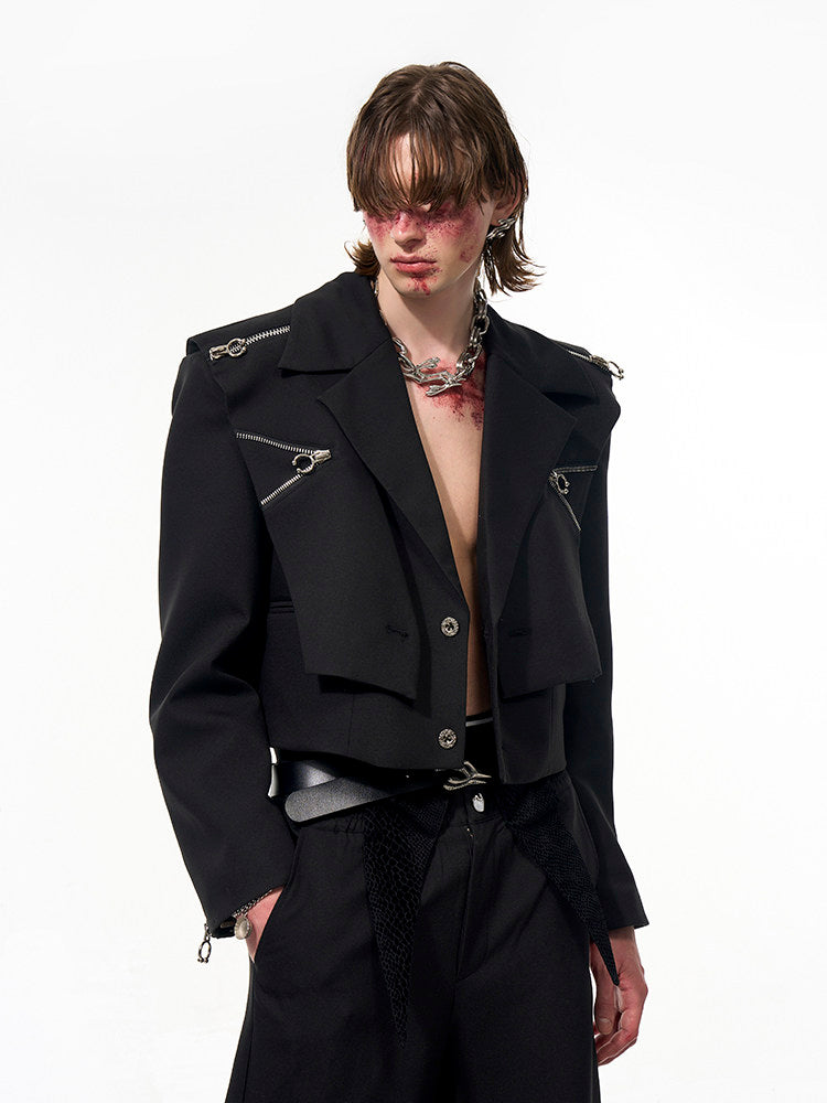 Two-piece Notched with Black Detachable Cape， Details Shoulder Unisex Zip Short Collar Jacket